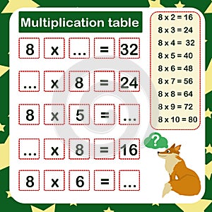 Vector illustration of the multiplication table by 8 with a task to consolidate photo